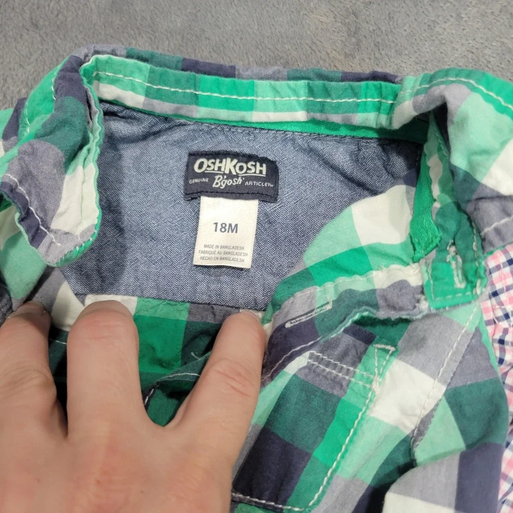 OshKosh Bodysuit Lot Boys 18M Blue Pink‎ Green Plaid Gingham Button Down 3pc Set